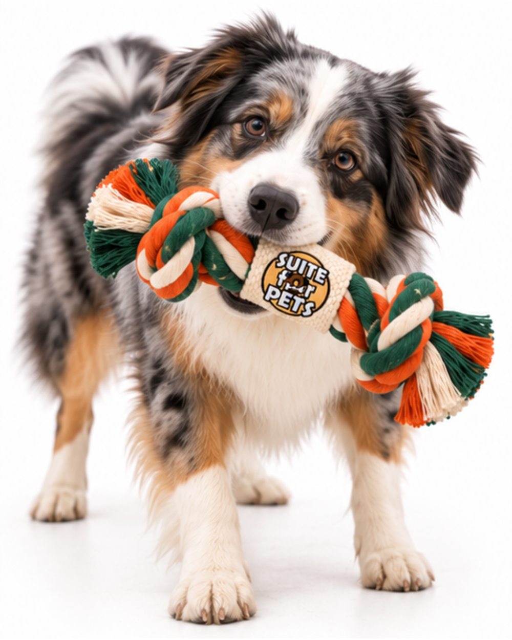 Suite For Pets Braided Rope Dog Toy – Double Knot Cotton-Style Tug & Fetch Toy with Textured Center Grip, Green Orange & Cream - Image 5