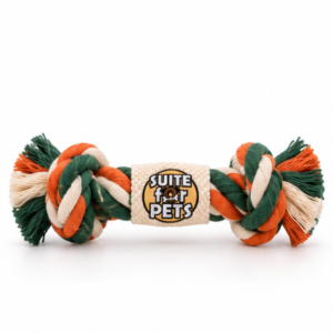 Suite For Pets Braided Rope Dog Toy – Double Knot Cotton-Style Tug & Fetch Toy with Textured Center Grip, Green Orange & Cream