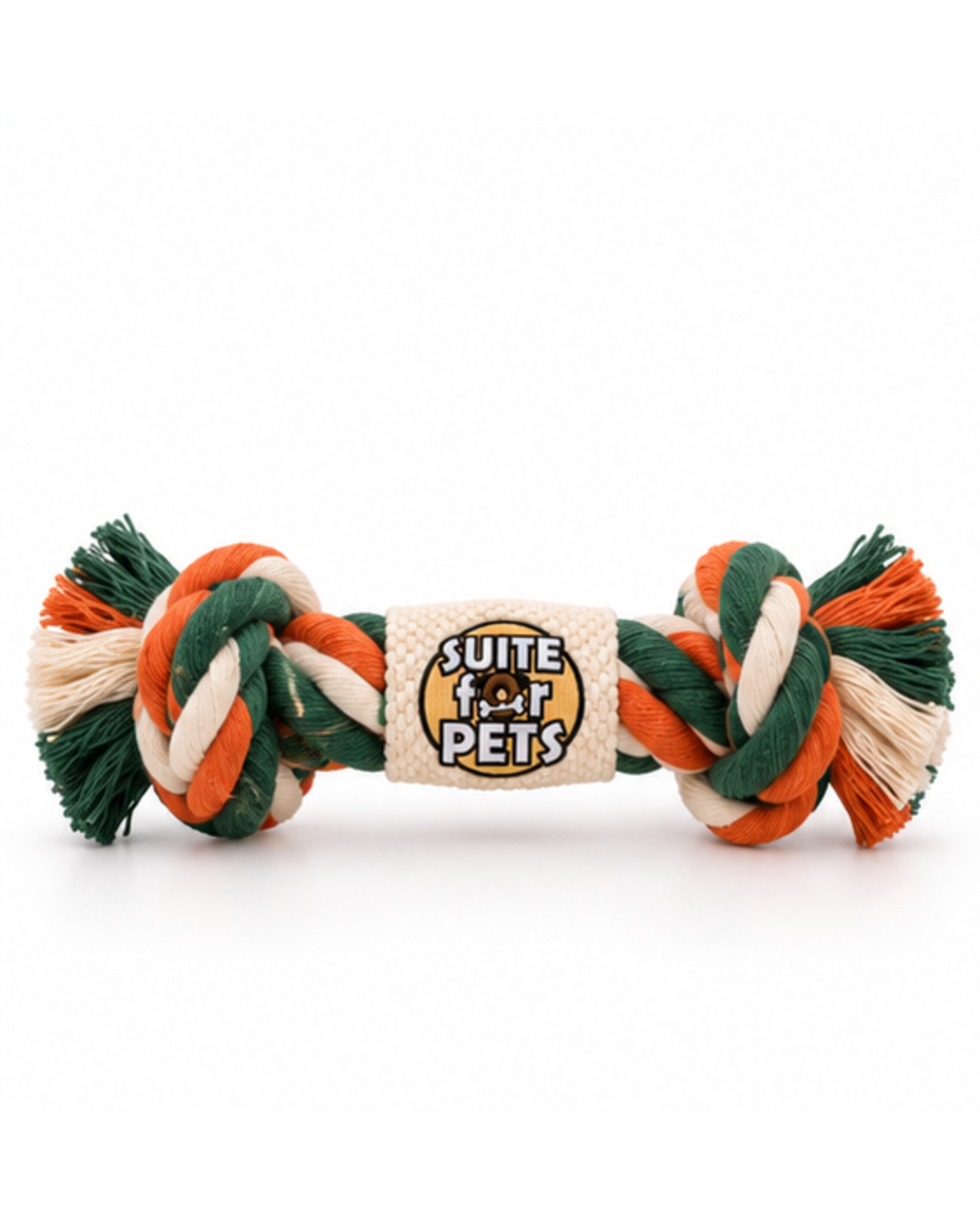 Suite For Pets Braided Rope Dog Toy – Double Knot Cotton-Style Tug & Fetch Toy with Textured Center Grip, Green Orange & Cream