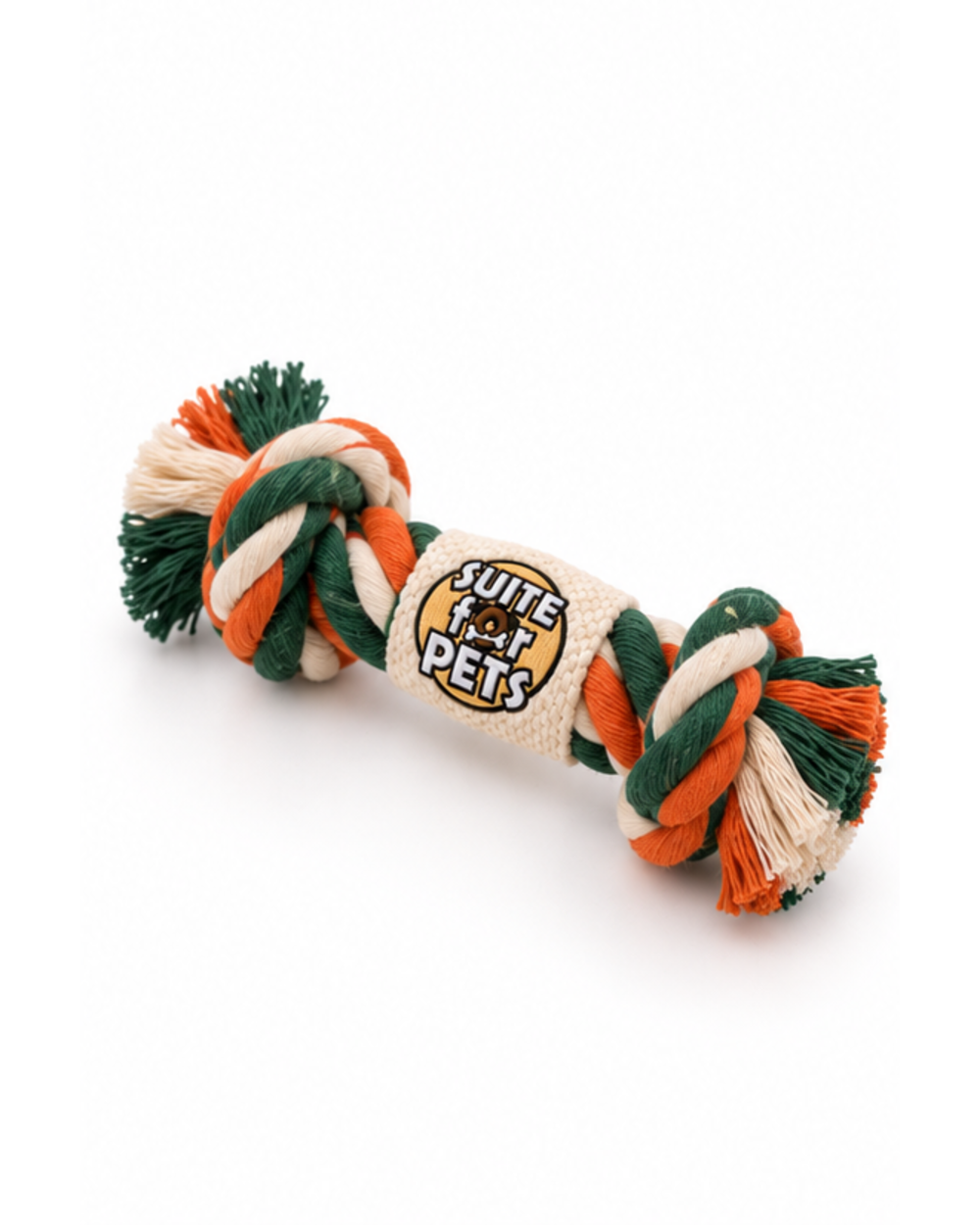 Suite For Pets Braided Rope Dog Toy – Double Knot Cotton-Style Tug & Fetch Toy with Textured Center Grip, Green Orange & Cream - Image 3